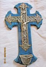 Ancien bénitier crucifix NAPOLEON III croix velours bleu Christ  nickelé 40 cm