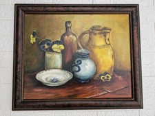 Tableau vintage huile sur toile signée nature morte aux cruches et violettes