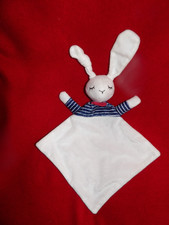 Doudou Plat et Anneau Lapin Blanc Bleu Rayé  Envie De Fraise