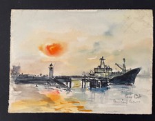 Aquarelle signée Pierre PIOT ( 1921-1998)   'Paimbœuf Port 44' phare navire