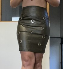 Mini Jupe Similicuir Kaki Anneaux Sexy Cherry Koko Taille M Neuve Fashion 
