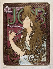 Affiche publicitaire de Papier à cigarettes Job par Mucha, 1898. (47 x 60 cm)