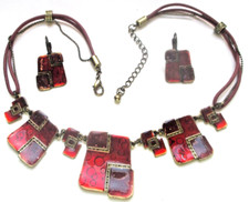 Parure bronze doré collier boucles d'oreilles IKITA émaux rouge bijou vintage 64