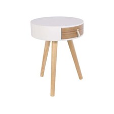 Table Chevet Ronde Bois Tiroir AC-DECO Nora Vintage Blanc Beige Scandinave