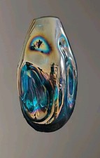 Magnifique Grand Vase Verre Soufflé Bleu Turquoise Iridescent 34cm 