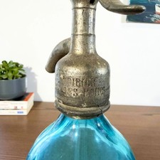 Ancien siphon à limonade bleu Cordié Ambérieu, bouchon métal Lyon circa 1930
