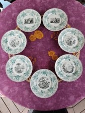 7 Assiettes à Dessert anciennes Faience Bordeaux David Johnston et C° Décor Vert