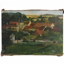 Paysage de village par R. Lobstein daté 1949