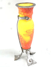 🇫🇷 VASE PÂTE DE VERRE ORANGE JAUNE NANCY ART DECO NOUVEAU AMPHORE FER FORGE