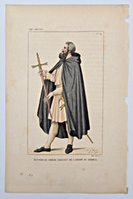 Gravure originale aquarellée XIXe : Ecuyer ou Frère servant de l'Ordre du Temple