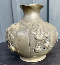Vase étain , décor aux marrons, H 22 cm, Ø21 cm