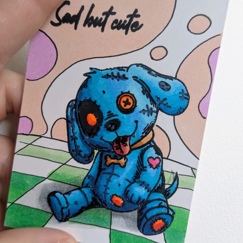 Blue patchwork puppy aceo atc - puppy,