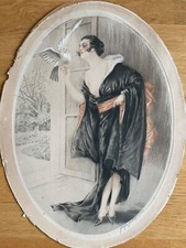 Gravure originale Art déco, signée Georges Grellet " Jeune femme à la colombe"