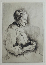 Gravure originale ancienne 20e Portrait Vieille femme au chapelet A identifier