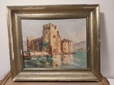 Tableau ancien signé R. U. Rinaldi  huile sur toile  Château en bord de fleuve