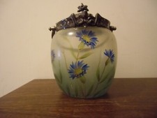 Pot à biscuit Seau Verre émaillé 1900 Métal argenté Décor de Fleurs Ancien