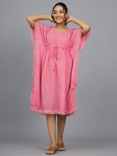 Indien Coton Main Bloc Imprimé Court Robe Caftan Rose Blanc Caftan Pyjama