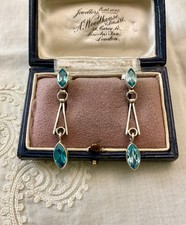 ANCIENNES  BOUCLES D'OREILLES ARGENT MASSIF - TOPAZES BLEUES - ART DÉCO