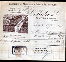PARIS (XI°) USINE de MEUBLES & SIEGES / EBENISTERIE "E. KAHN" Facture en 1912