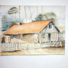 Maison de torchis Aquarelle Originale  1995 Signée 31 x 41 cm