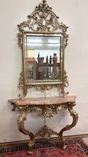 Console de chateau galbée + miroir style Louis XV en bois doré et argenté