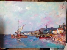 Grand Tableau ancien Marine au golf de St.Tropez Huile Sur Toile  signée