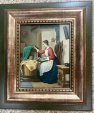 Tableau Huile sur panneau portrait Mère et fils XXéme