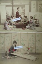 JAPAN 2 large photos 1880's Beato Kimbei Singing Girls Geisha , painting screen