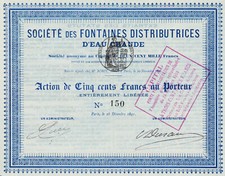 SOCIETE FONTAINES DISTRIBUTRICES D'EAU CHAUDE - ACTION 500 FRANCS 1891 - FRANCE