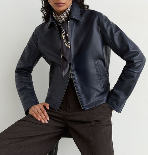 Blouson cuir bomber bleu - blouson, en