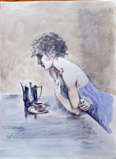 Alberto sughi Lithographie Colorée à la Main " Au Comptoir Du Cafè " 80x60 Signé