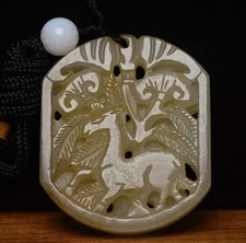 2 "Vieux Jade Hetian sculpté Animal Cerf Statue creux-out Pendentif Bi