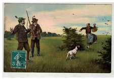 CHASSE #16424 CHASSEURS FUSIL CHIEN ET FEMME QUI A PEUR