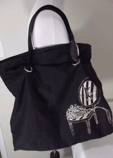 Victoria's Secret Black Canvas Pink Striped Vanity Chair Roses Tote Hobo Bag NEW