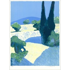MÜHL Roger - Lithographie originale "Paysage au cyprès" 75x56cm