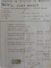 Facture Entreprise Menuiserie Bâtiment  "" L. GOUSSET "" à ETAIN meuse 1924