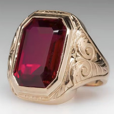 Bague Pour Homme En Or Jaune 18K Sur Rubis Rouge Géométrique Luxe Fête 8-17