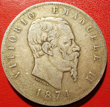 Italie.  Ecu de 5 Lires Victor Emmanuel II 1874 M Milan. TTB