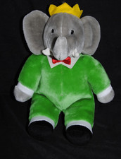 ? Peluche doudou  éléphant BABAR MAFI 1988 vert gris couronne jaune 34 cm TTBE
