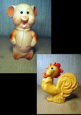 Lot 2 POUET POUET COCHON COQ Jouet Squeak Squeeze Toy Pig Rooster ca1950/70