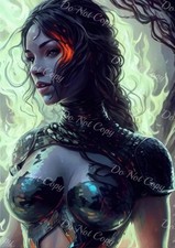 Photo A4 – Femme guerrière serpentine en flammes vertes style fantasy – B00297