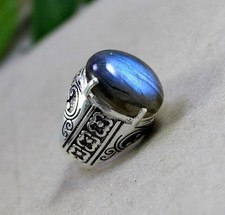 Bague chevalière pour homme en argent massif 925 pierre précieuse bleue...