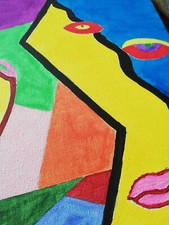 Tableau acrylique portait visage femme fleur forme géométriques multicouleurs