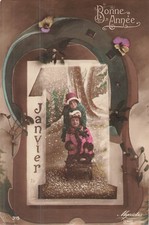 CP BONNE ANNEE ENFANTS LUGE CALENDRIER JANVIER FER CHEVAL - 35276