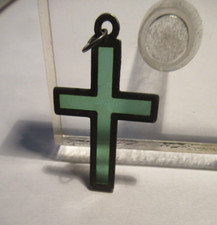 ANCIEN CROIX EFFET VITRAIL VERRE METAL TYPE ETAIN 32 mm CROSS STAINED GLASS