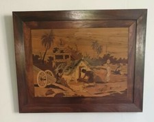 Ancien Tableau en marqueterie de bois village indien plage exotique animaux