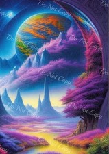 Photo A4 Monde extraterrestre féerique – paysages violets & planète – B0037