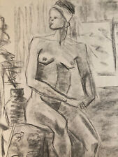 Beau Dessin Fusain Femme Noire Nue Erotique Cubiste Post Cubisme Papier 1960