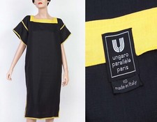 Robe vintage UNGARO PARALLÈLE , en lin épais, détail jaune sur fond noir.  M/38