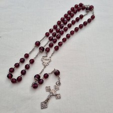 Ancien Beau Chapelet En Argent Et Perles Grenat Facettées-Étui En Bois D'olivier